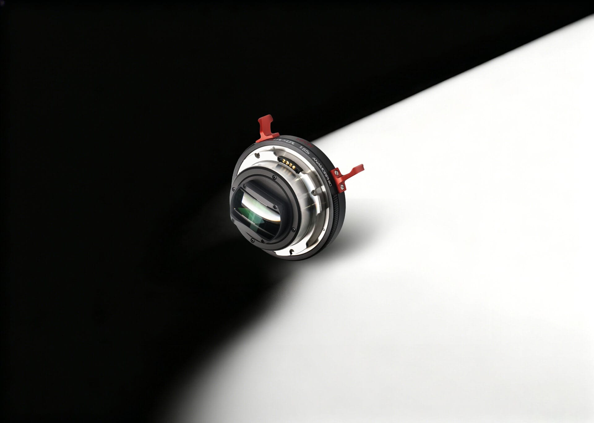 KIPON LPL to LPL 1.65× anamorphic adapter on a black and white diagonal studio background