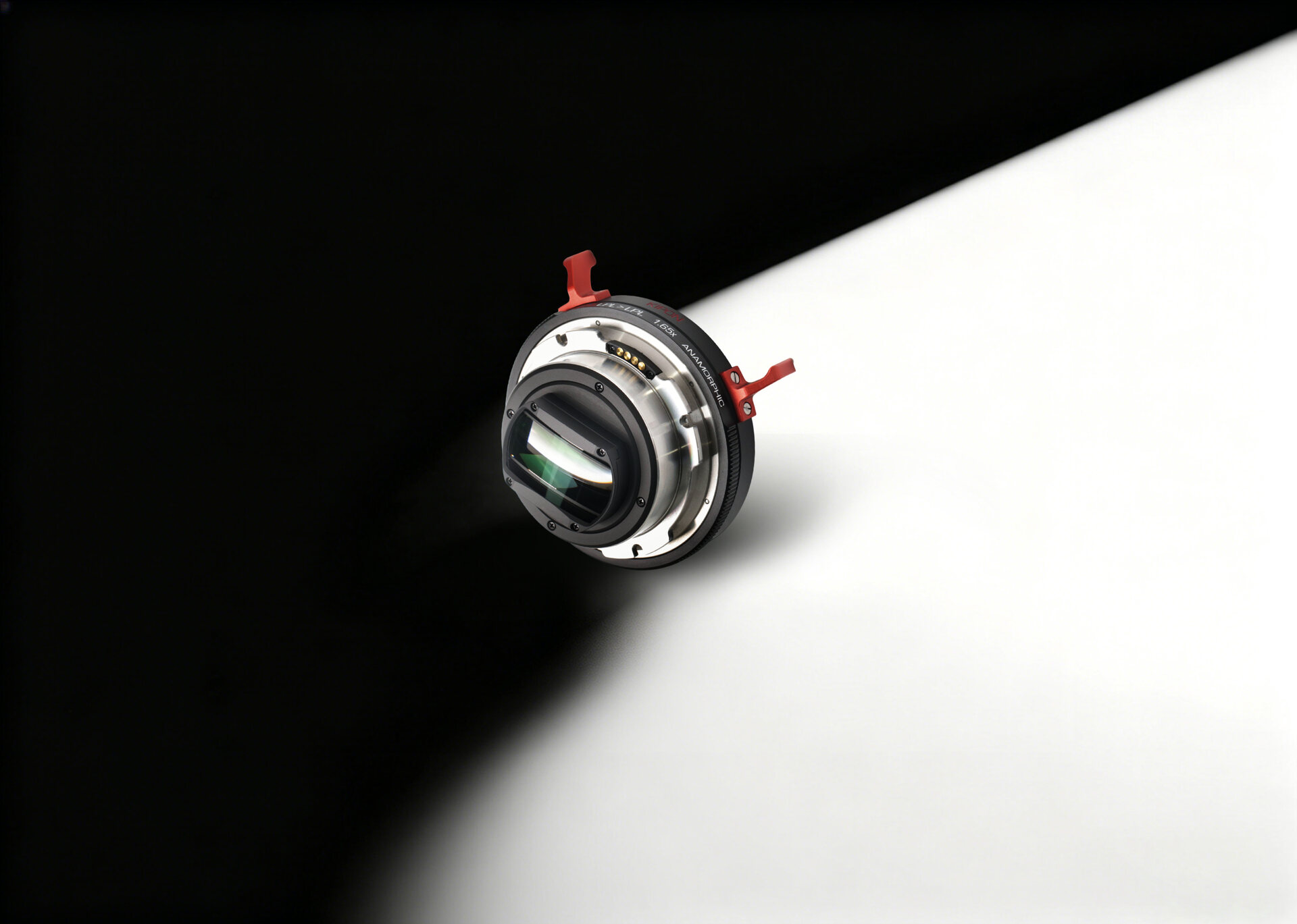 KIPON LPL to LPL 1.65× anamorphic adapter on a black and white diagonal studio background