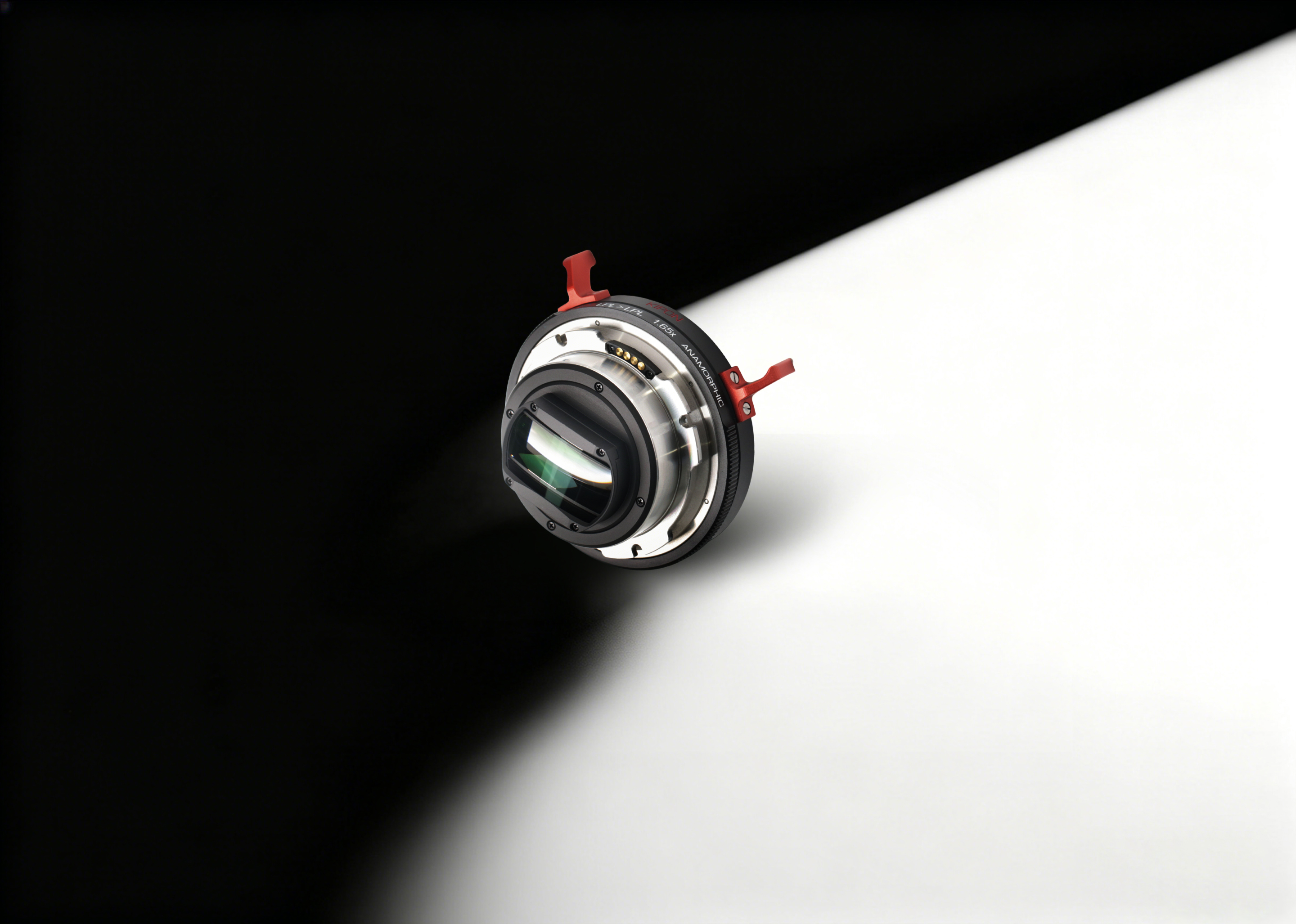 KIPON LPL to LPL 1.65× anamorphic adapter on a black and white diagonal studio background